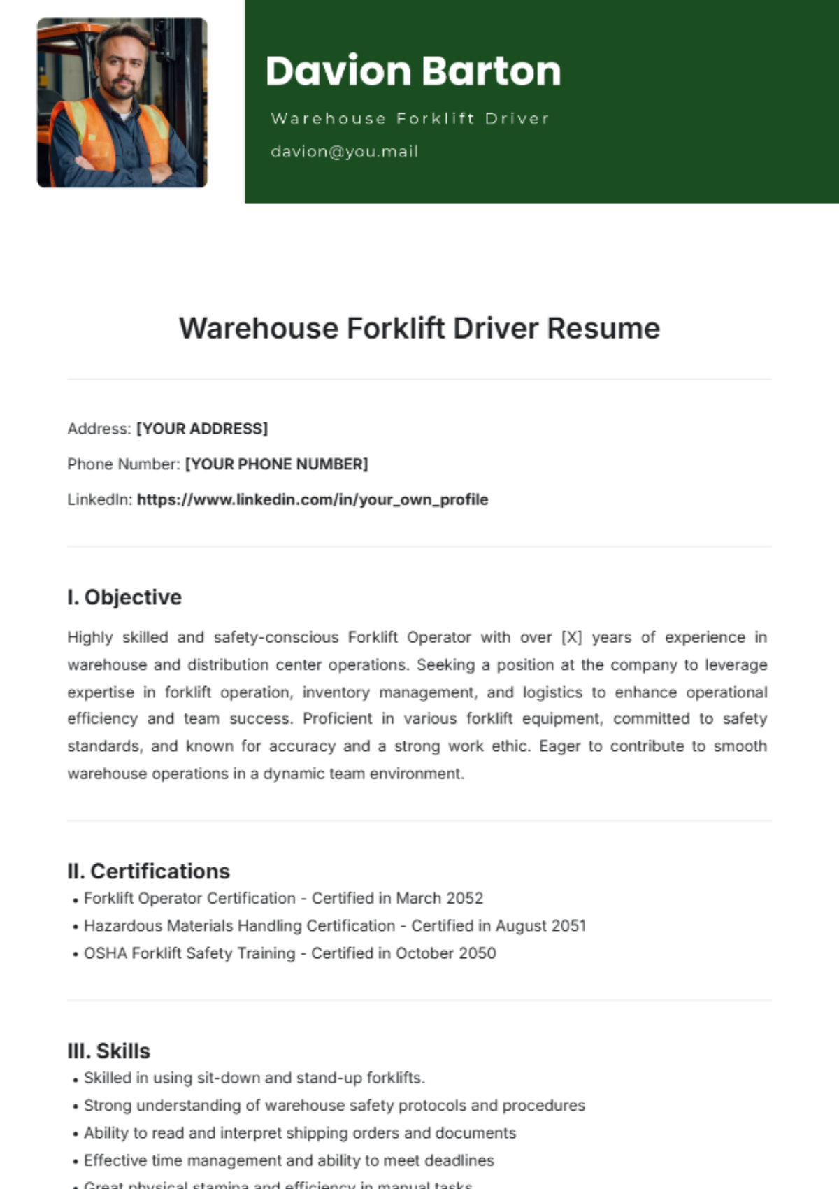 Free Warehouse Forklift Driver Resume Template