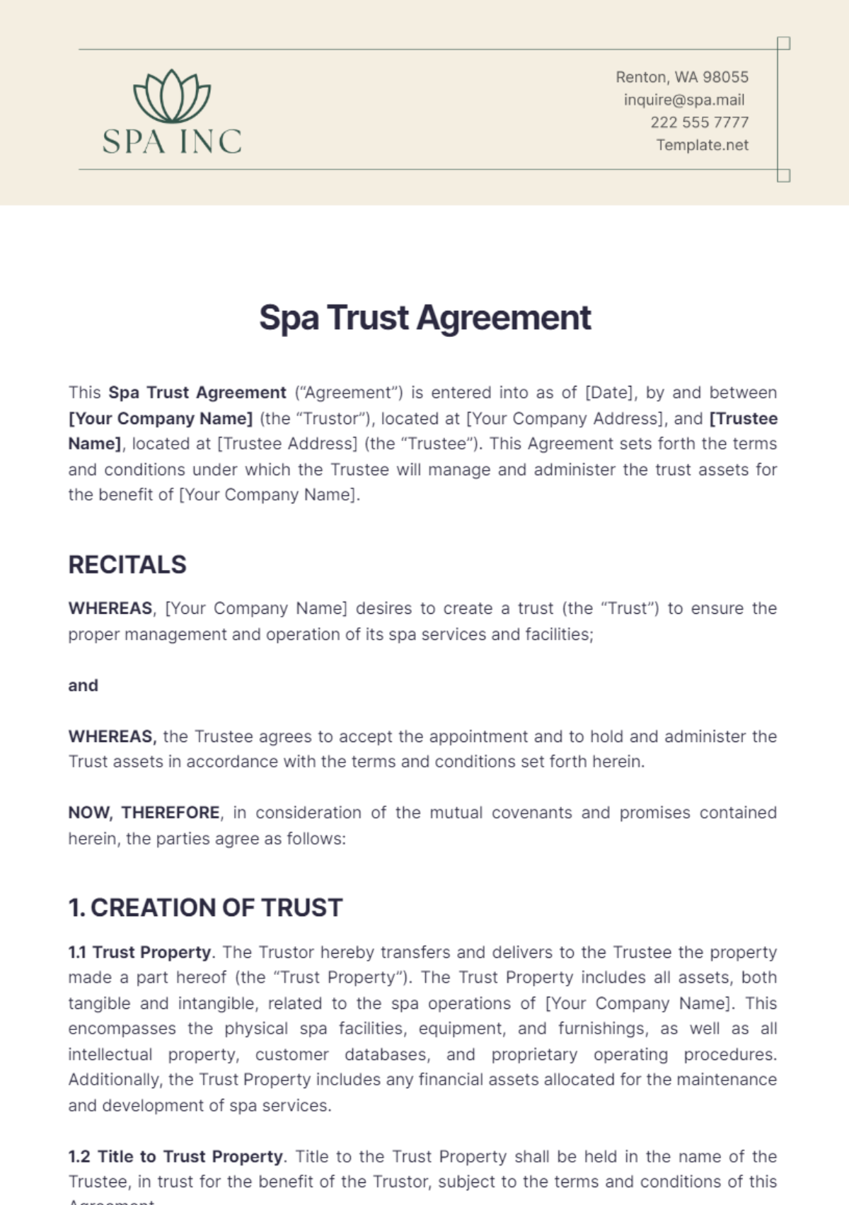 Spa Trust Agreement Template - Edit Online & Download