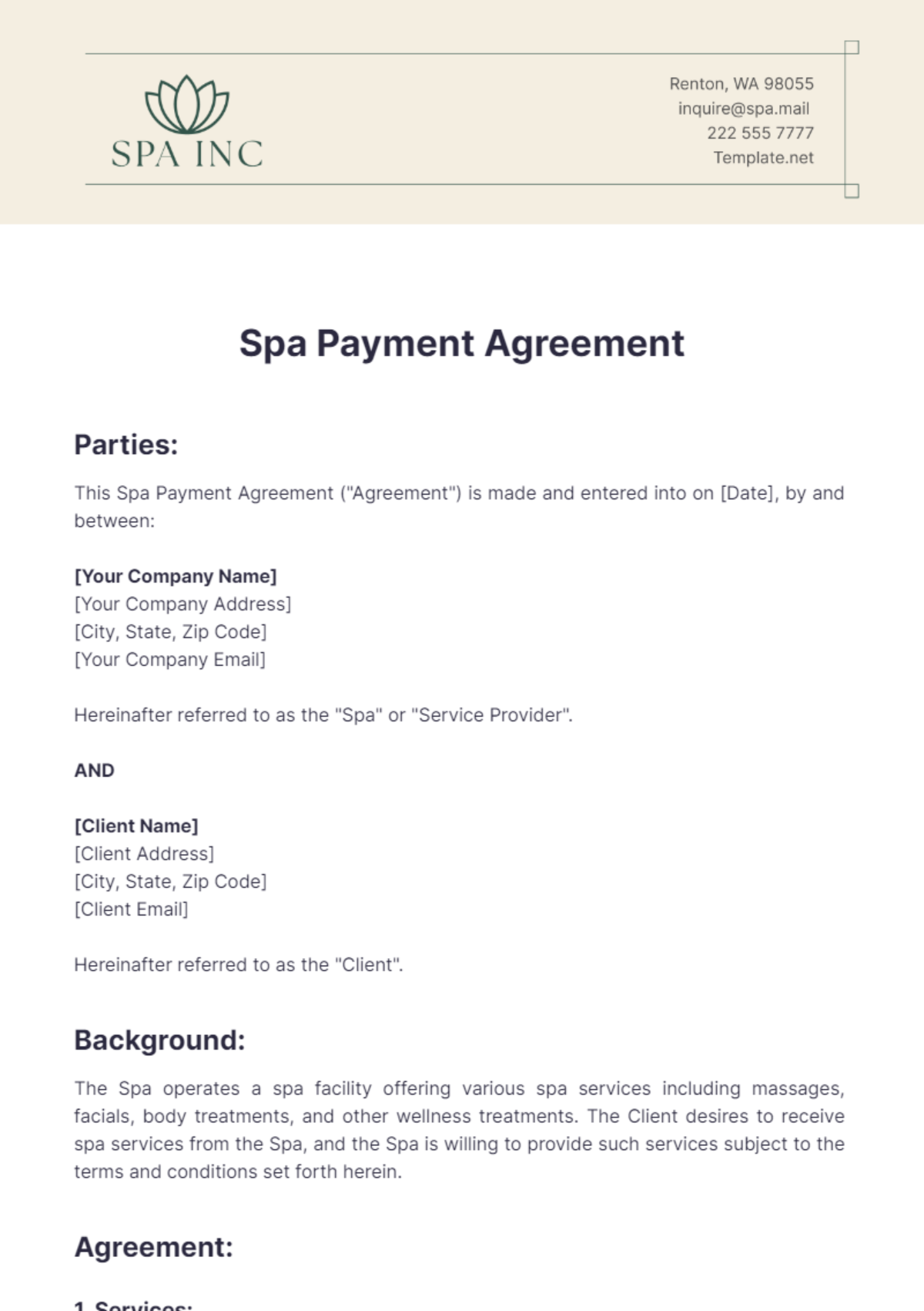 Spa Payment Agreement Template - Edit Online & Download