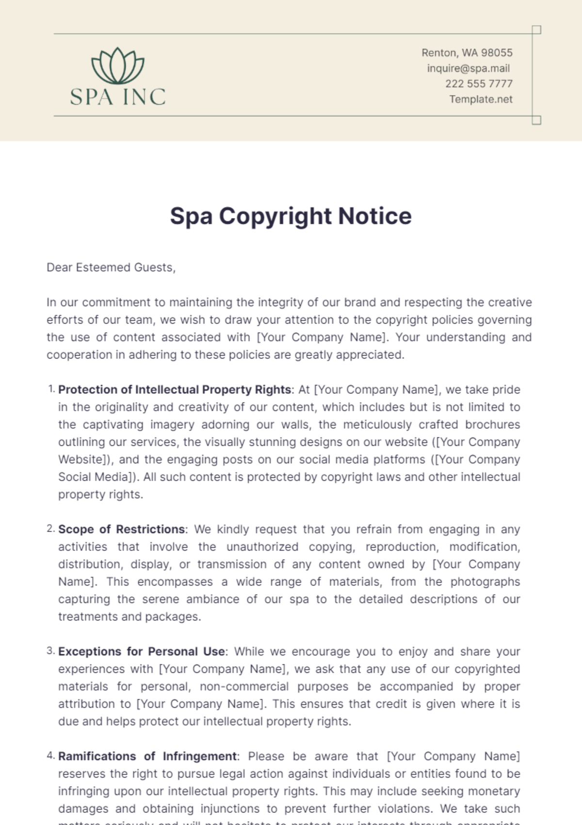 Spa Copyright Notice Template - Edit Online & Download