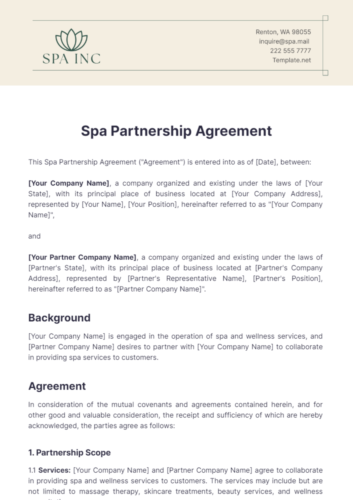 Spa Partnership Agreement Template - Edit Online & Download