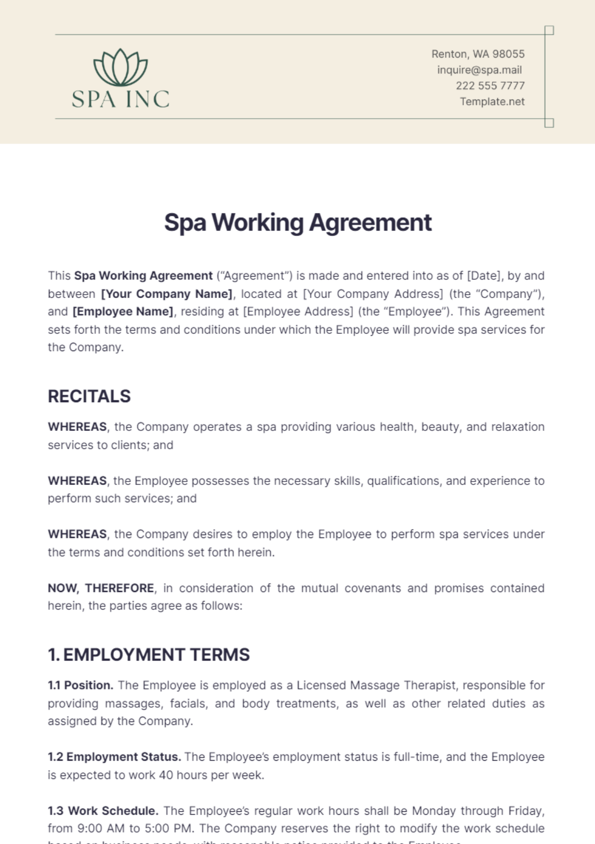 Spa Working Agreement Template - Edit Online & Download