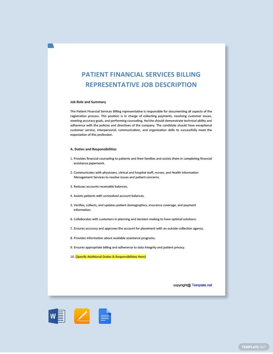 Free Patient Financial Services Billing Representative Job Ad/Description Template