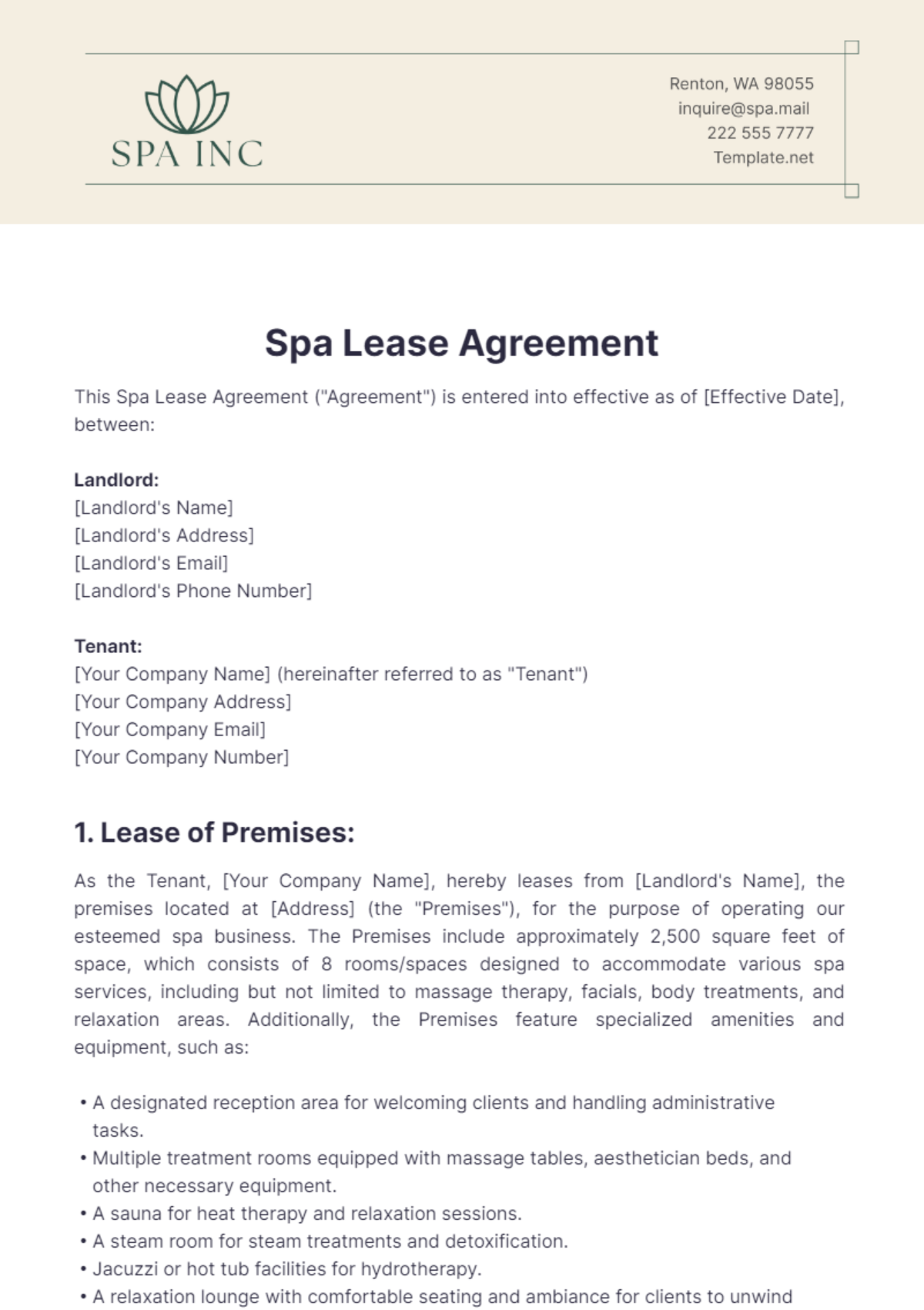 Spa Lease Agreement Template - Edit Online & Download