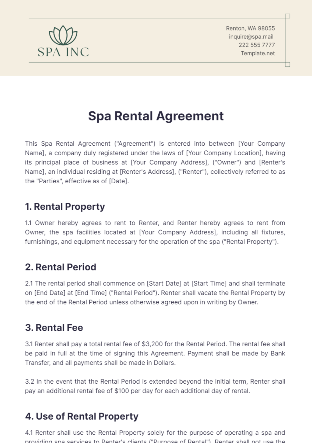 Spa Rental Agreement Template - Edit Online & Download