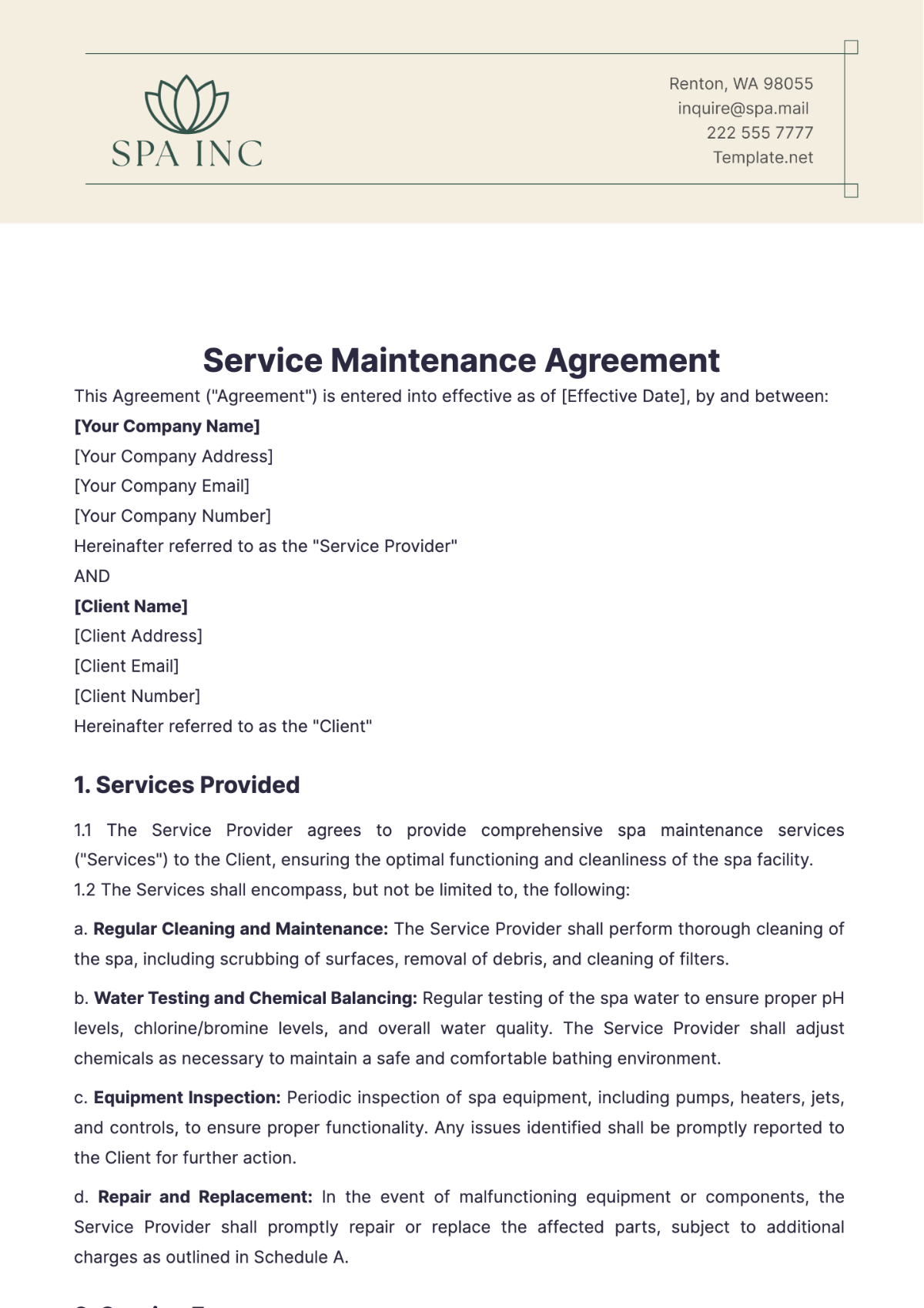 Spa Maintenance Agreement Template - Edit Online & Download