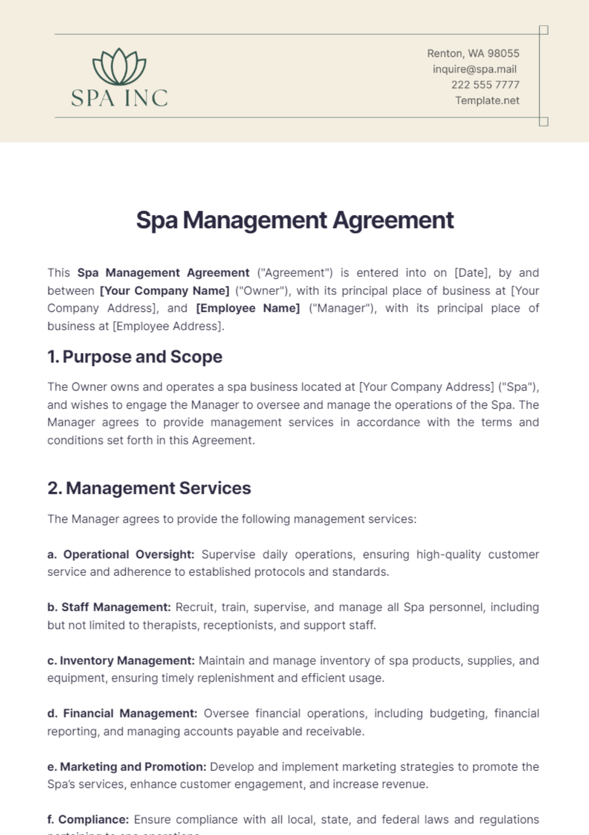 Spa Management Agreement Template - Edit Online & Download