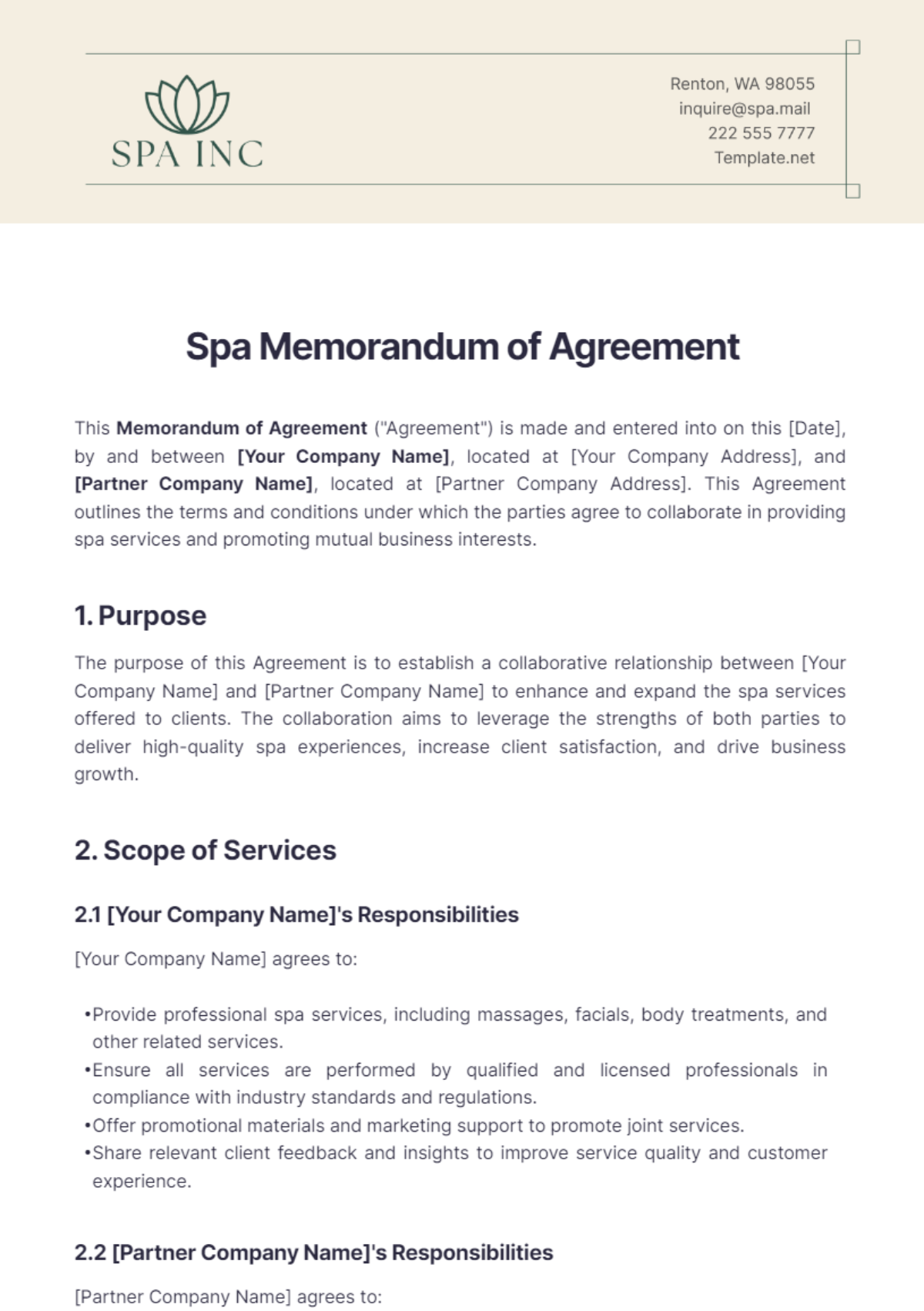 Spa Memorandum of Agreement Template - Edit Online & Download