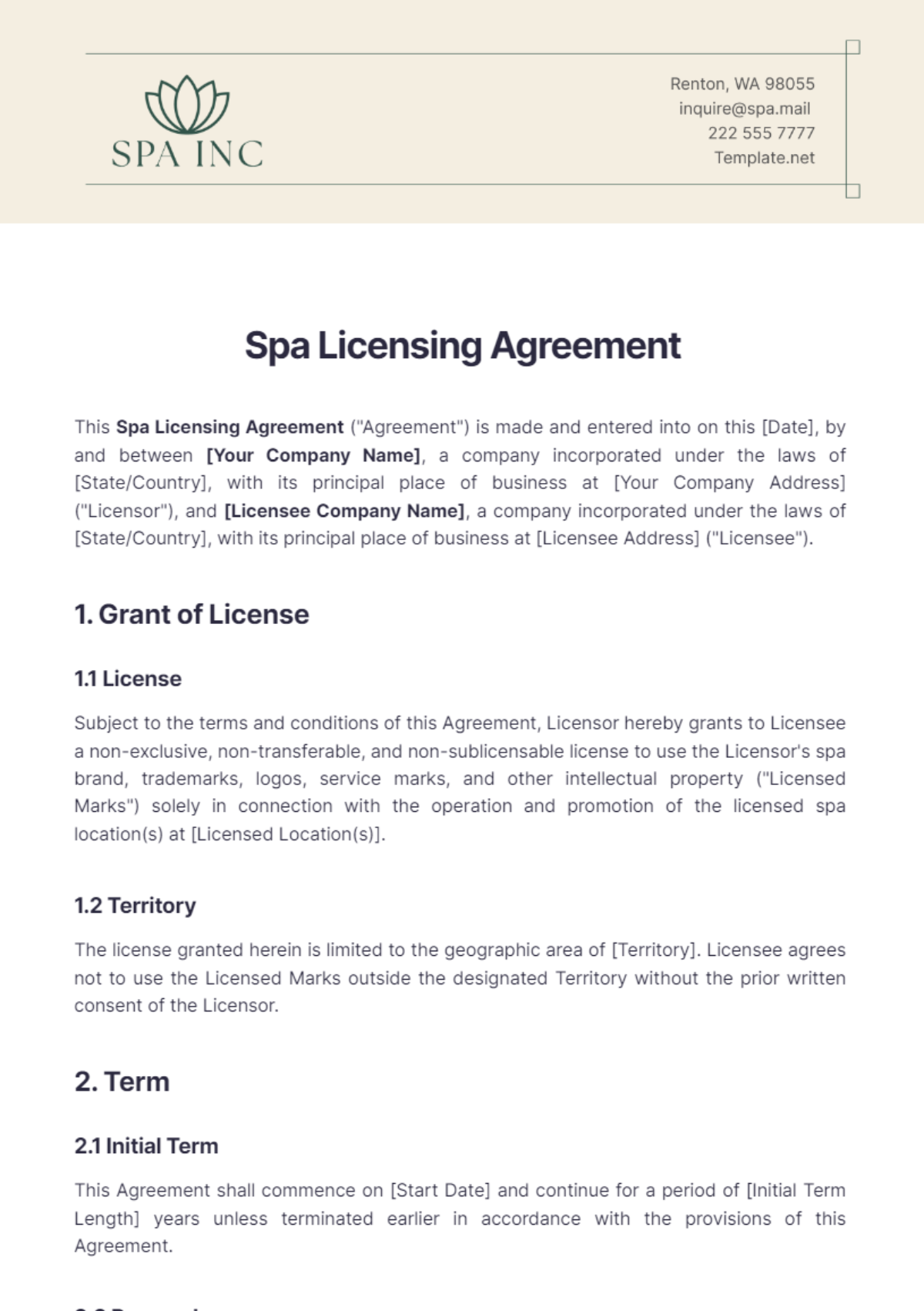 Spa Licensing Agreement Template - Edit Online & Download