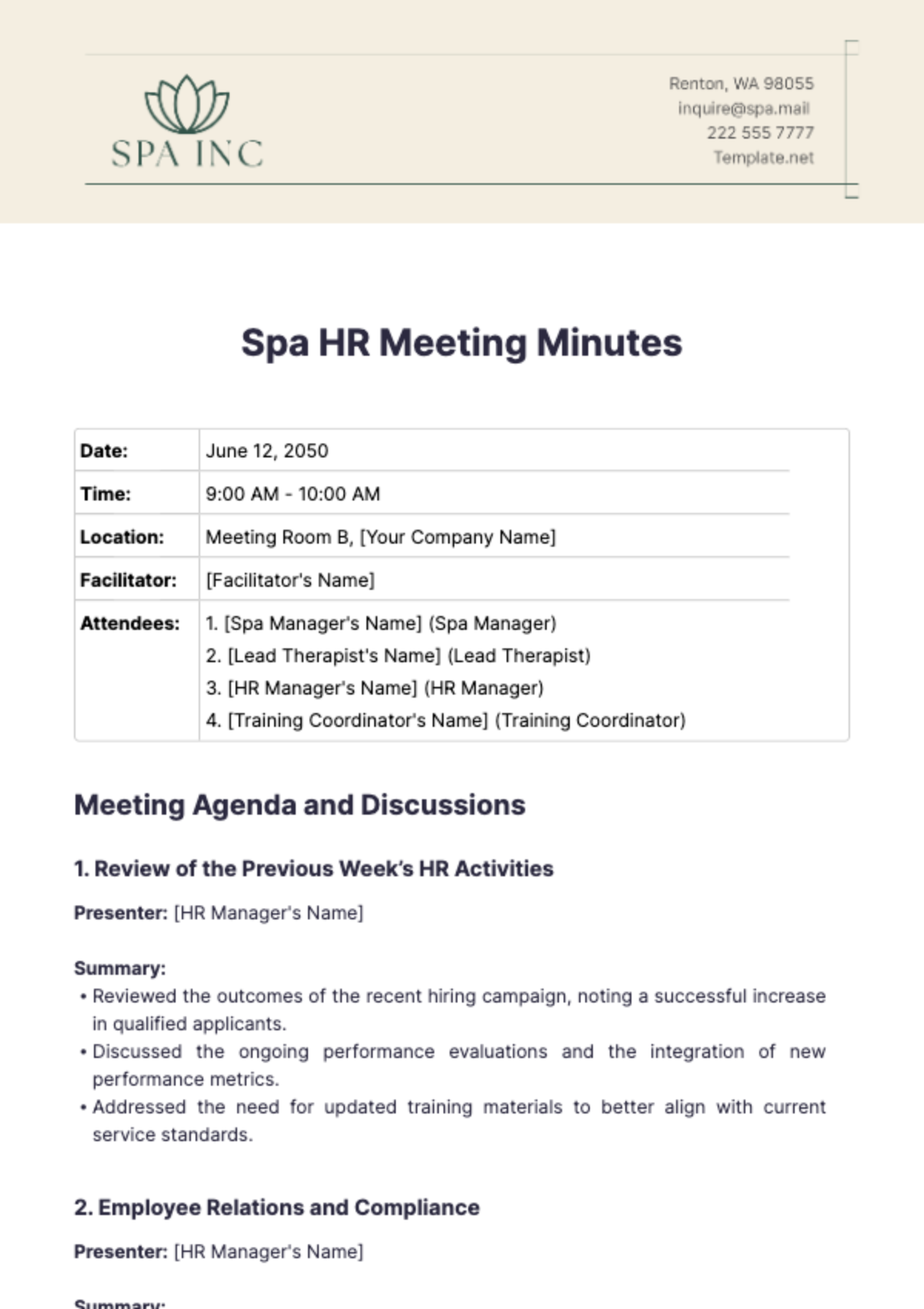 Spa HR Meeting Minutes Template - Edit Online & Download