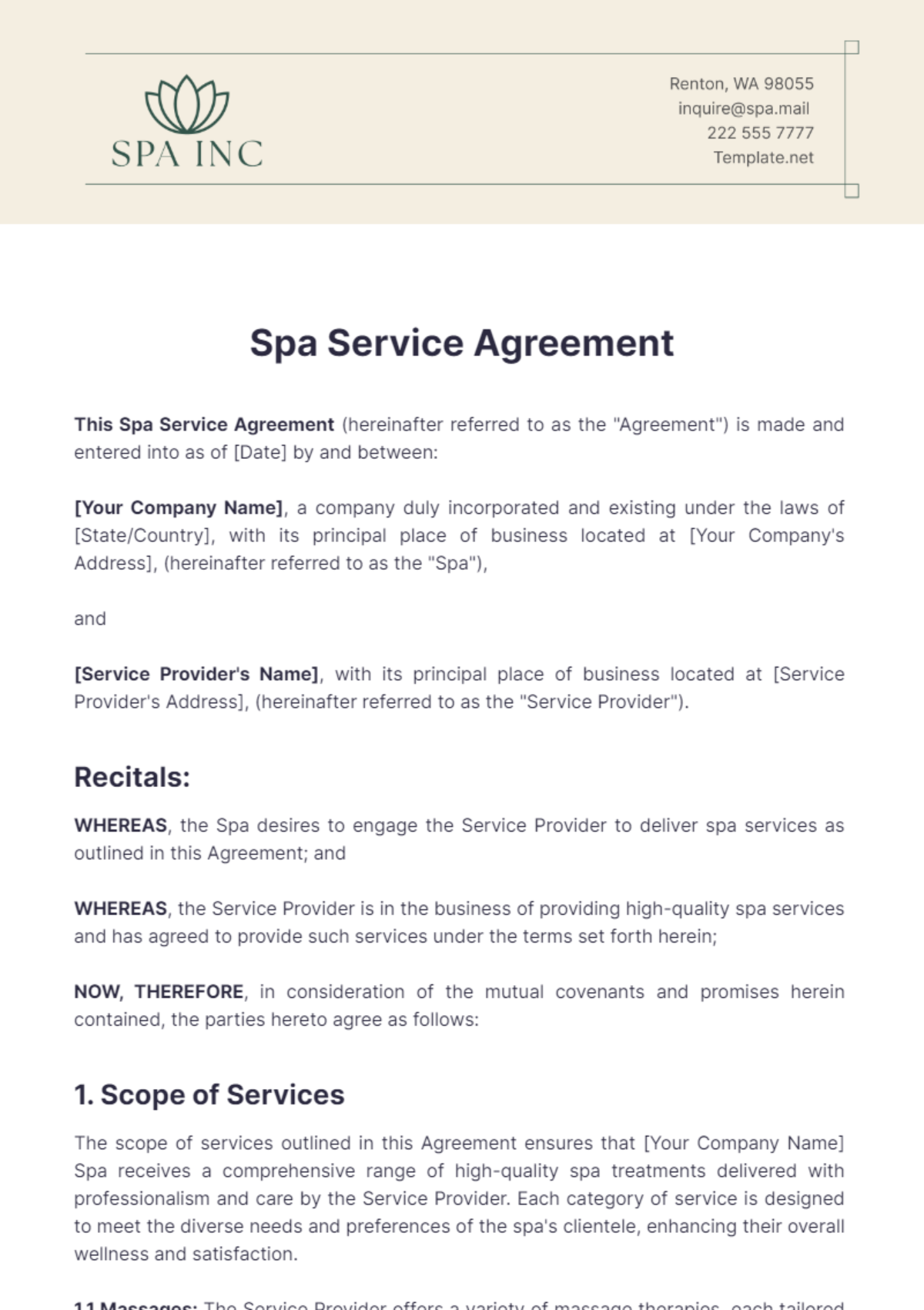 Spa Service Agreement Template - Edit Online & Download