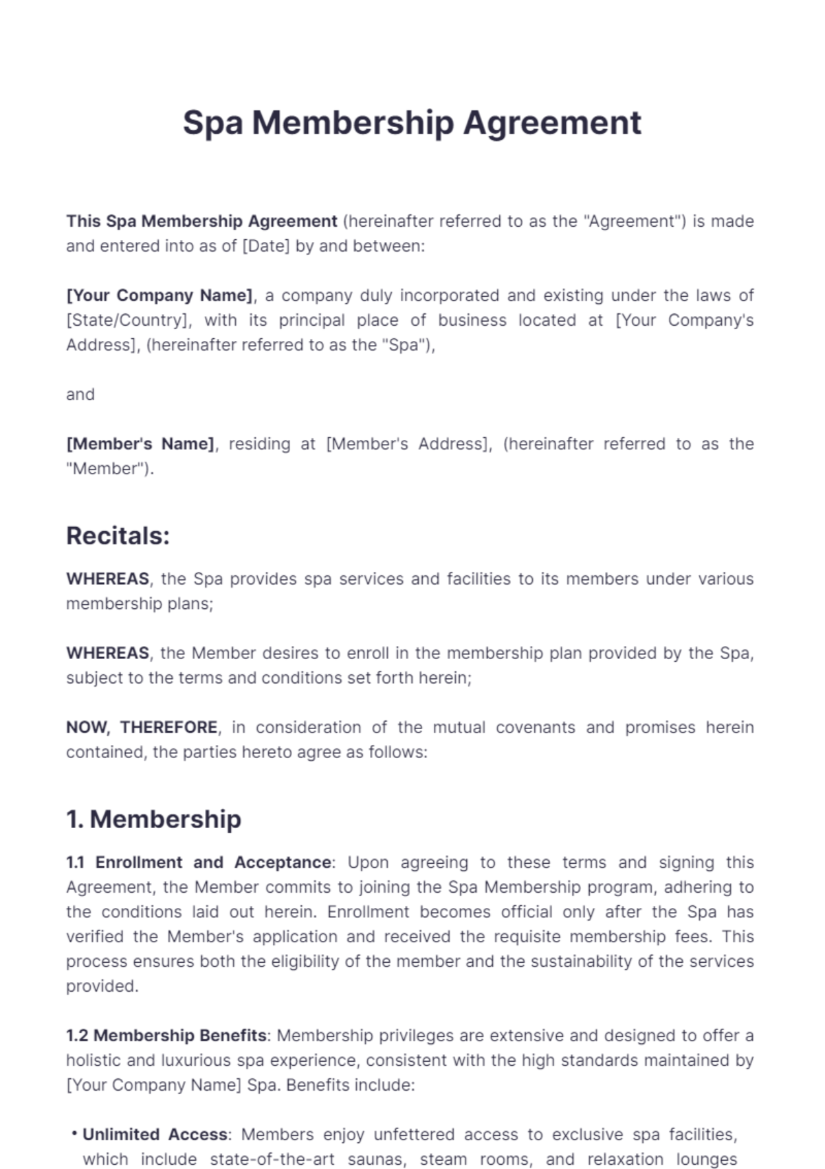 Spa Membership Agreement Template - Edit Online & Download