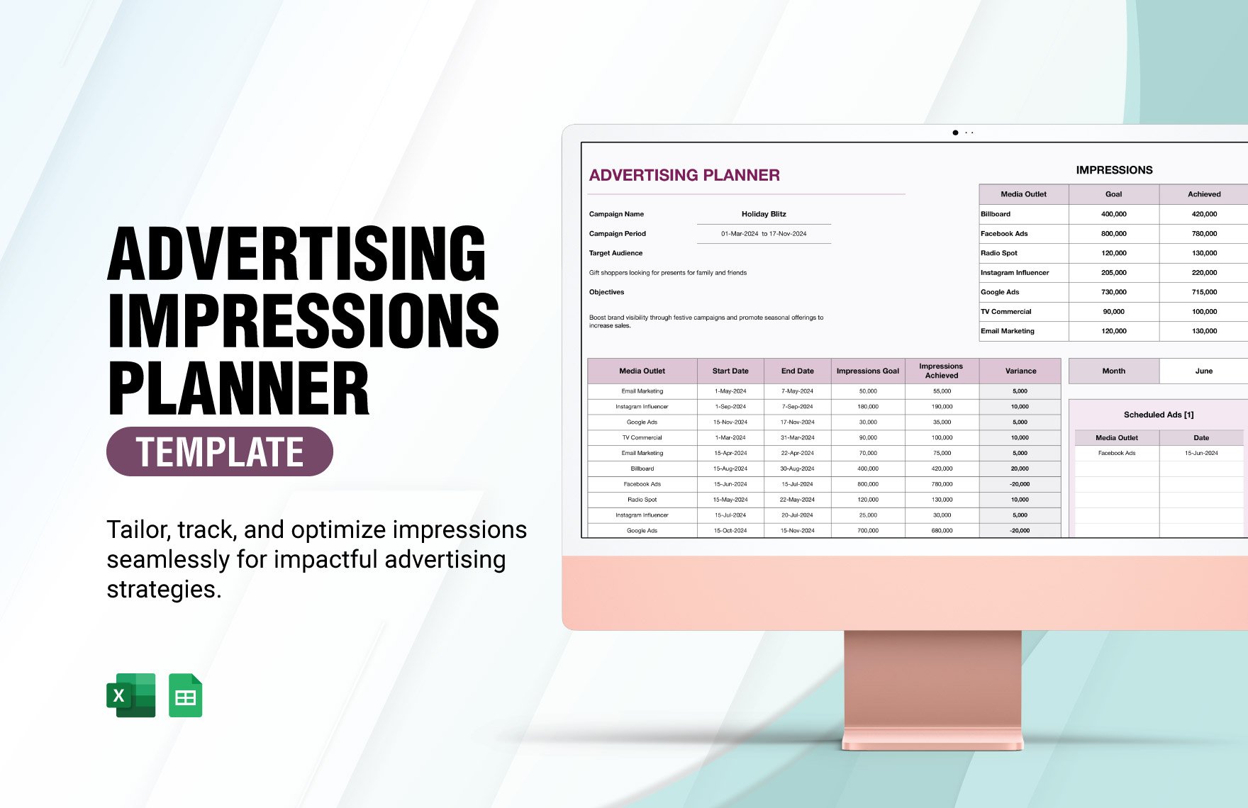Advertising Impressions Planner Template in Excel, Google Sheets