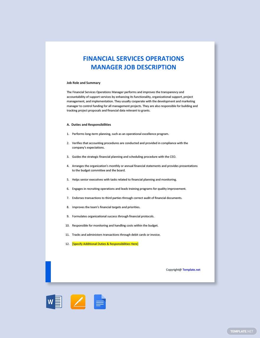 Financial Services Operations Manager Job Ad/Description Template