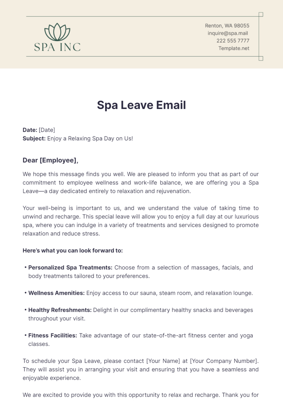 Spa Leave Email Template - Edit Online & Download