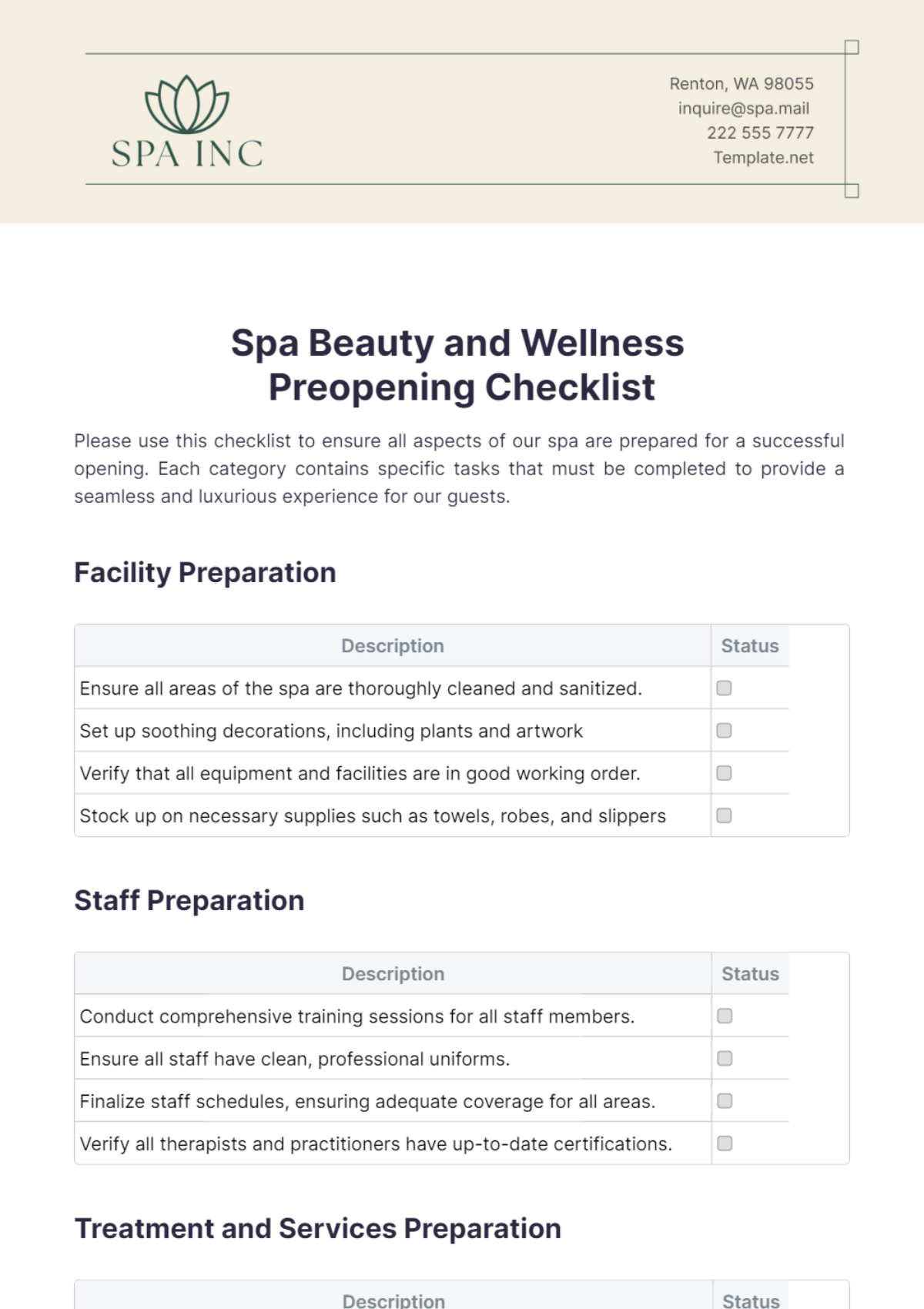 Spa Beauty and Wellness Preopening Checklist Template - Edit Online & Download