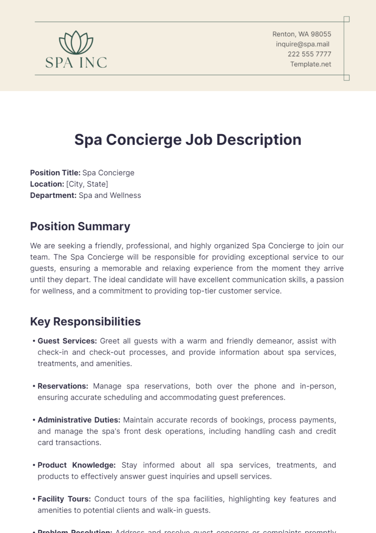 Spa Concierge Job Description Template - Edit Online & Download