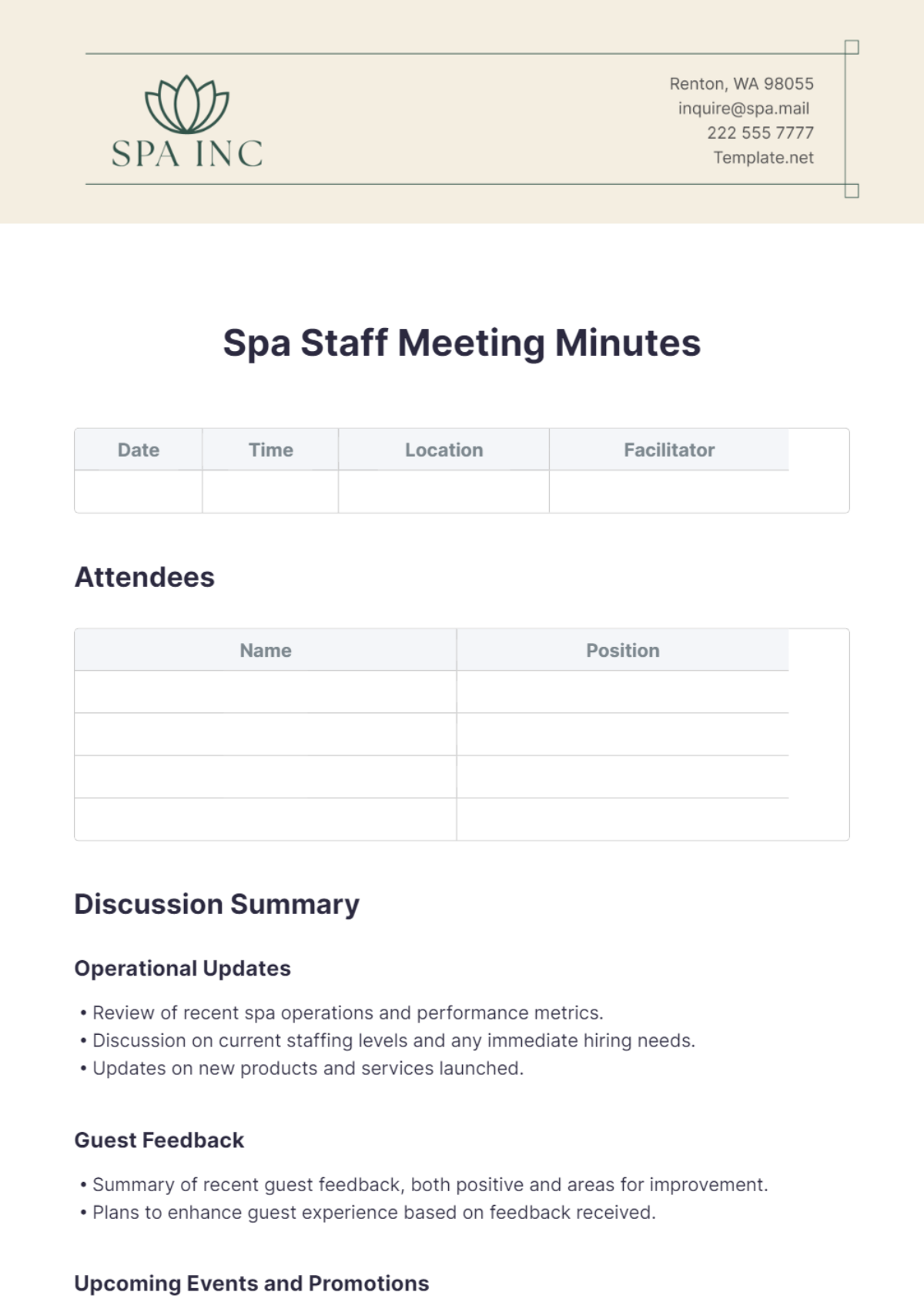 Spa Staff Meeting Minutes Template - Edit Online & Download