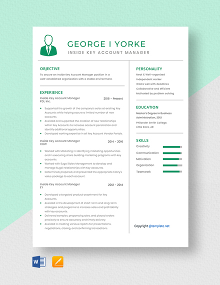 Free Inside Key Account Manager Resume Template - Word, Apple Pages