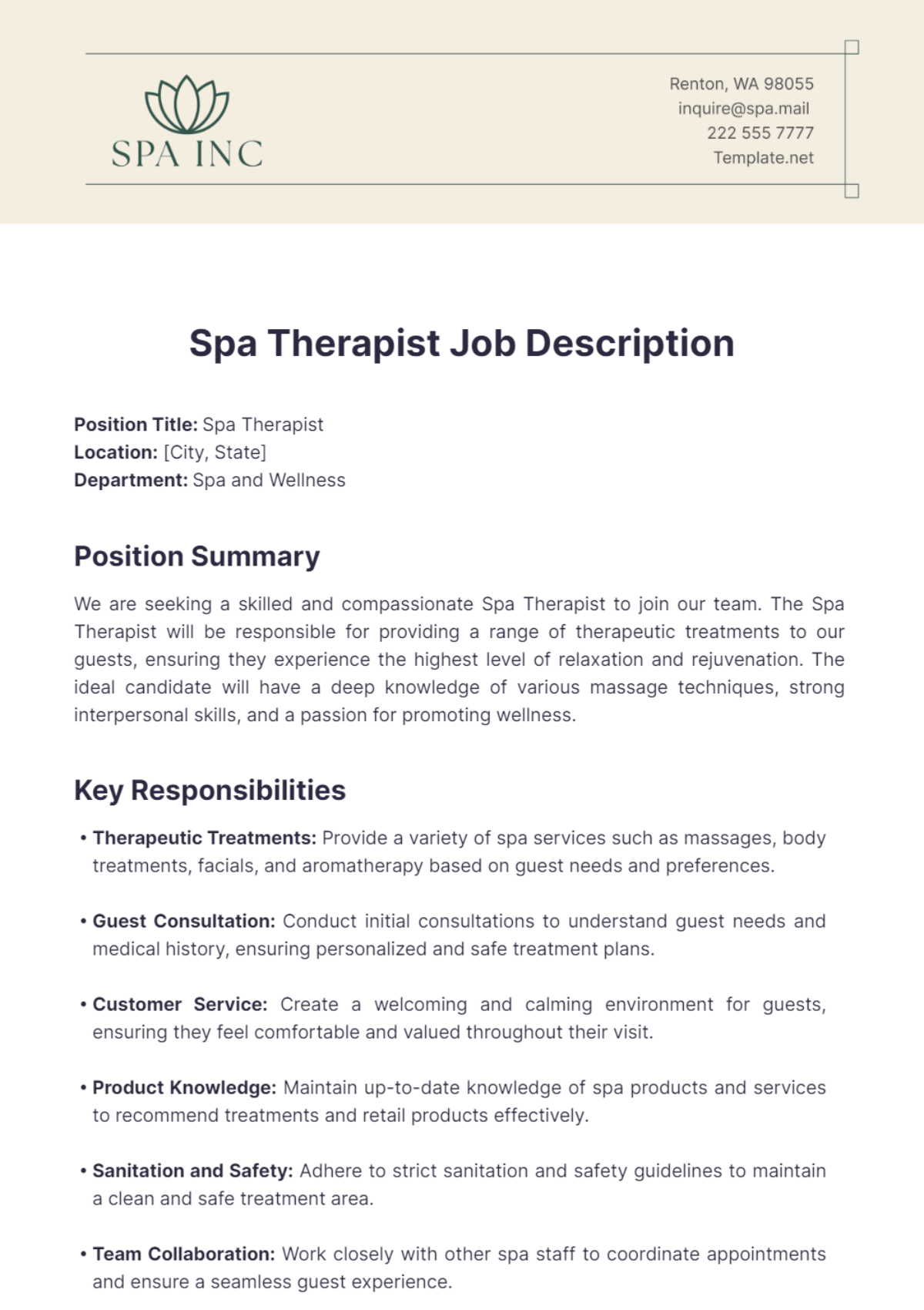 Spa Therapist Job Description Template - Edit Online & Download