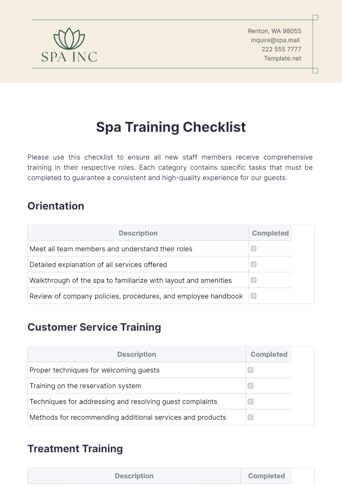 Spa Training Checklist Template - Edit Online & Download