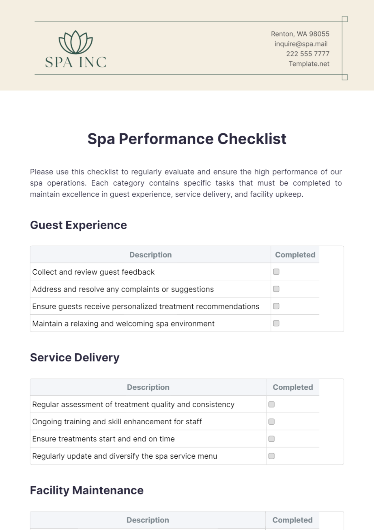 Spa Performance Checklist Template - Edit Online & Download