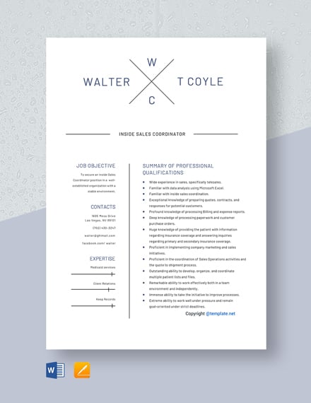 Free Inside Sales Coordinator Resume Template - Word, Apple Pages