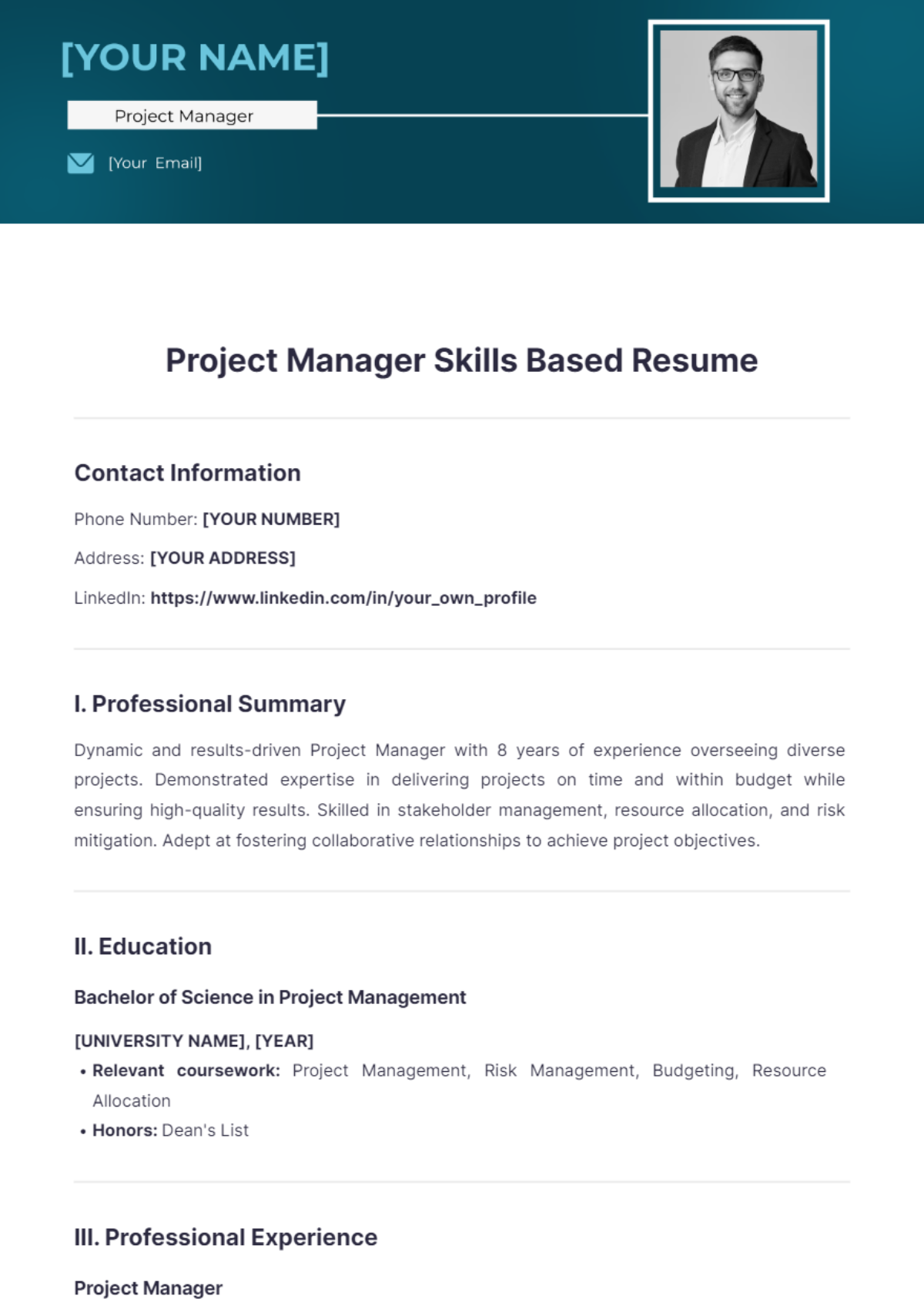 Project Manager Skills Based Resume - Edit Online & Download