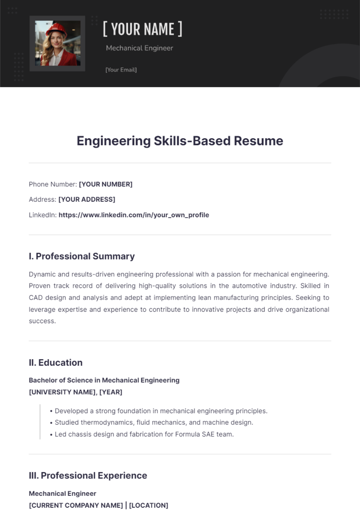 Engineering Skills Based Resume - Edit Online & Download