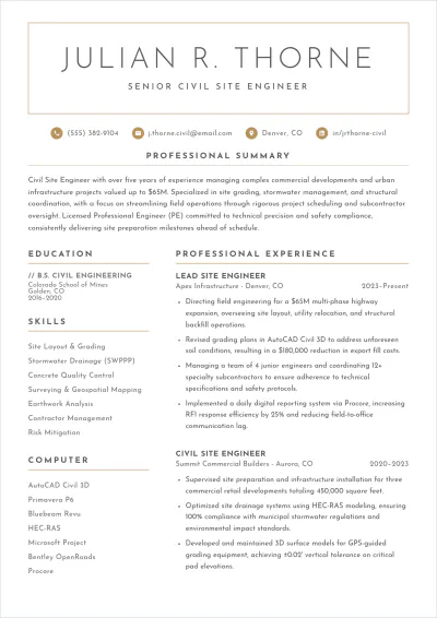 Free Civil Site Engineer ATS Resume Template, AI Resume Builder