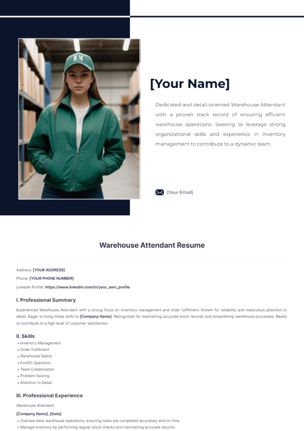 Free Warehouse Attendant Resume Template