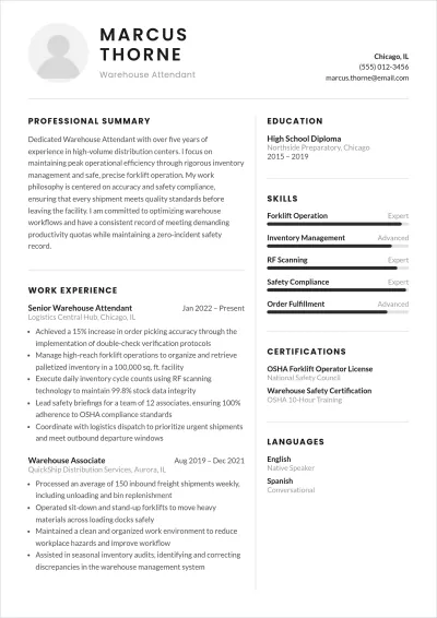 Free Warehouse Attendant ATS Resume Template, AI Resume Builder