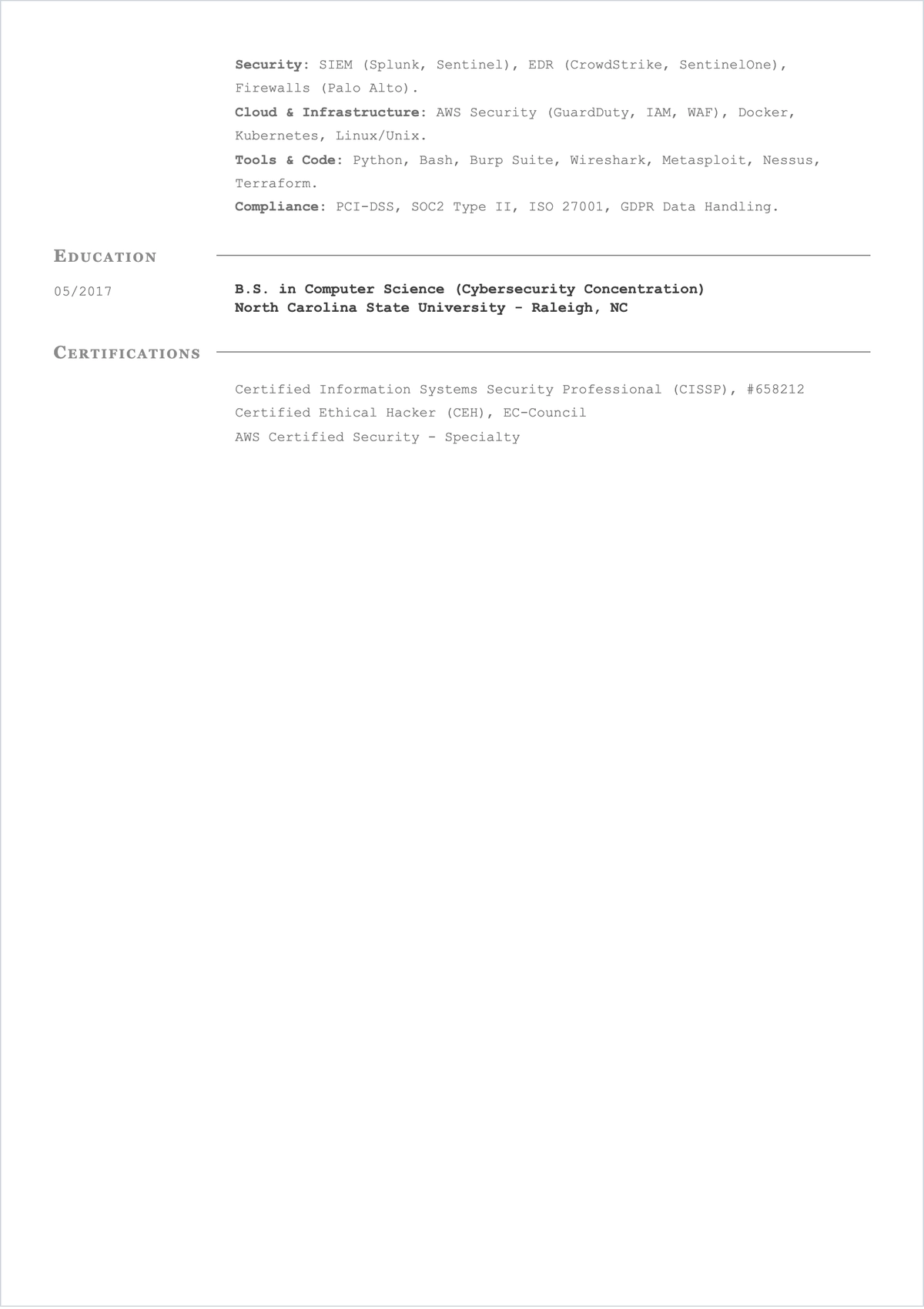 Free Cyber Security Engineer ATS Resume Template, AI Resume Builder