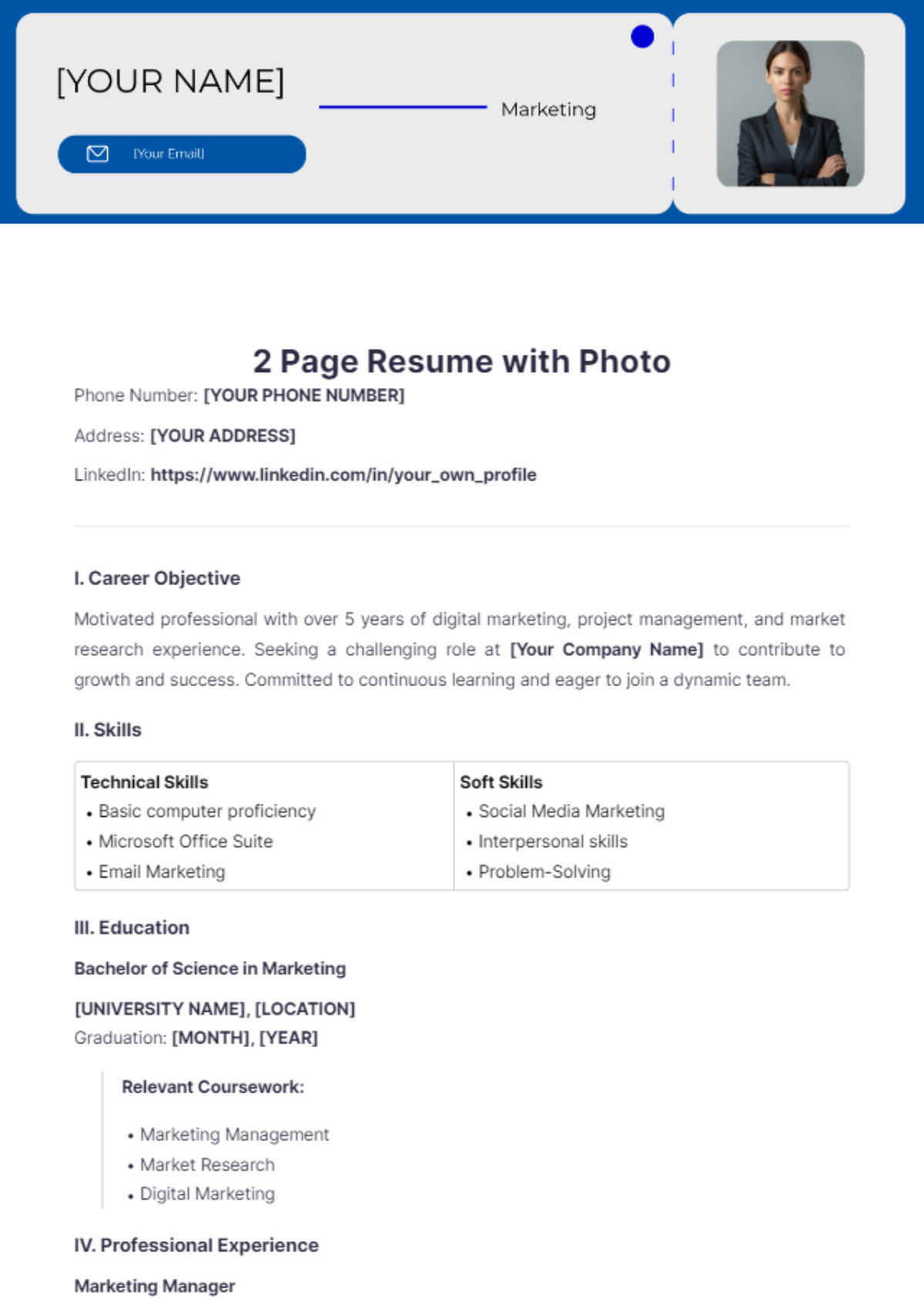 2 Page Resume with Photo - Edit Online & Download