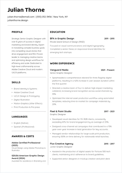 Free 2 Page Graphic Designer ATS Resume Template, AI Resume Builder