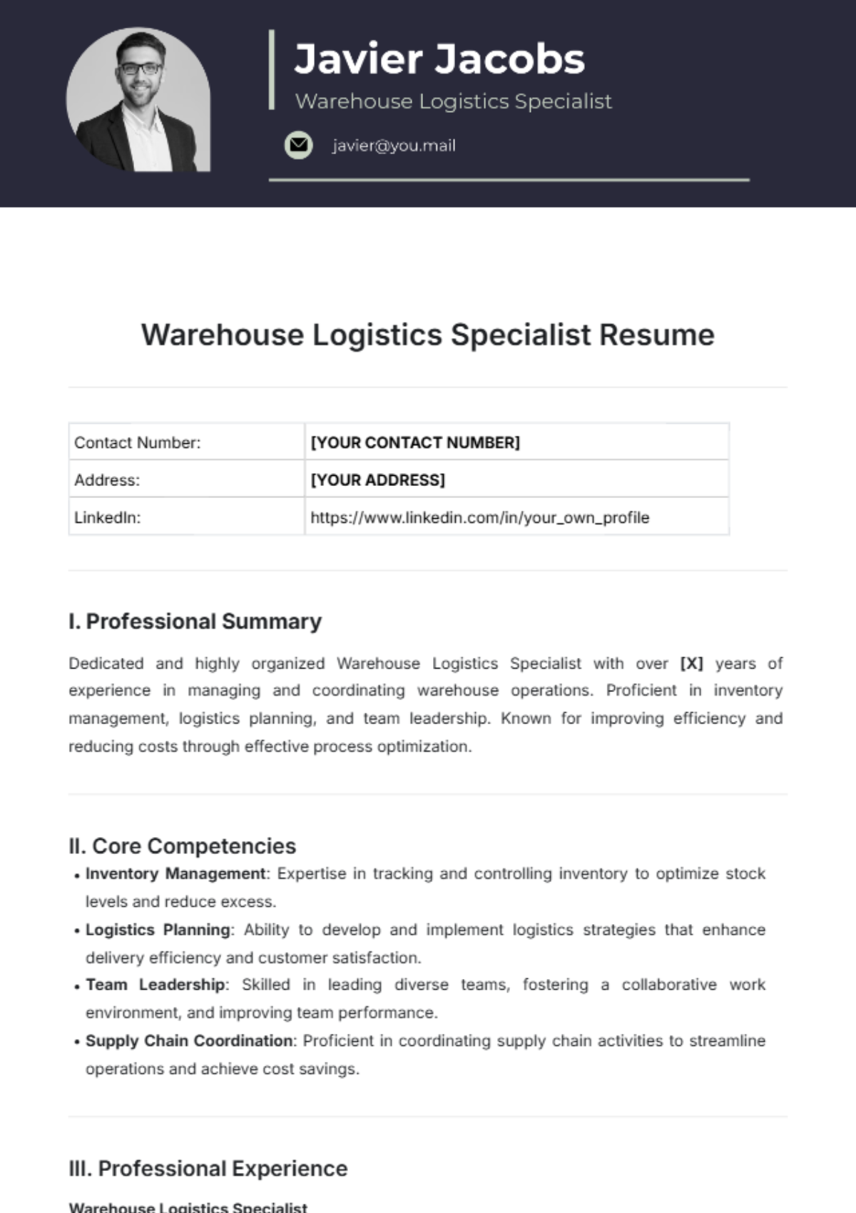 Warehouse Logistics Specialist Resume Template - Edit Online & Download