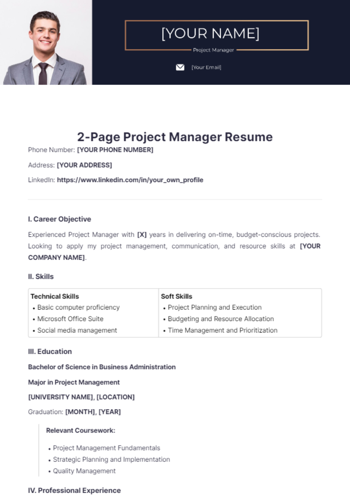 2 Page Project Manager Resume - Edit Online & Download