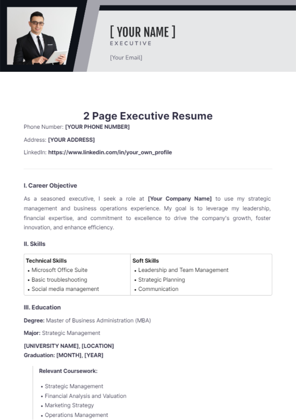 2 Page Executive Resume - Edit Online & Download