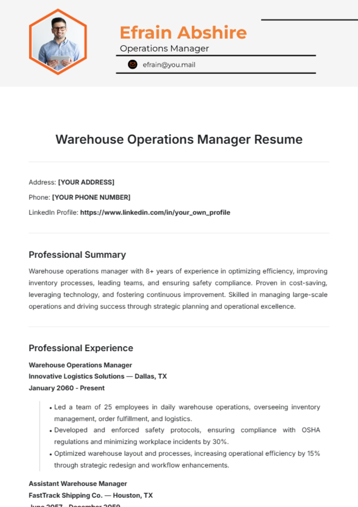 Warehouse Operations Manager Resume Template - Edit Online & Download