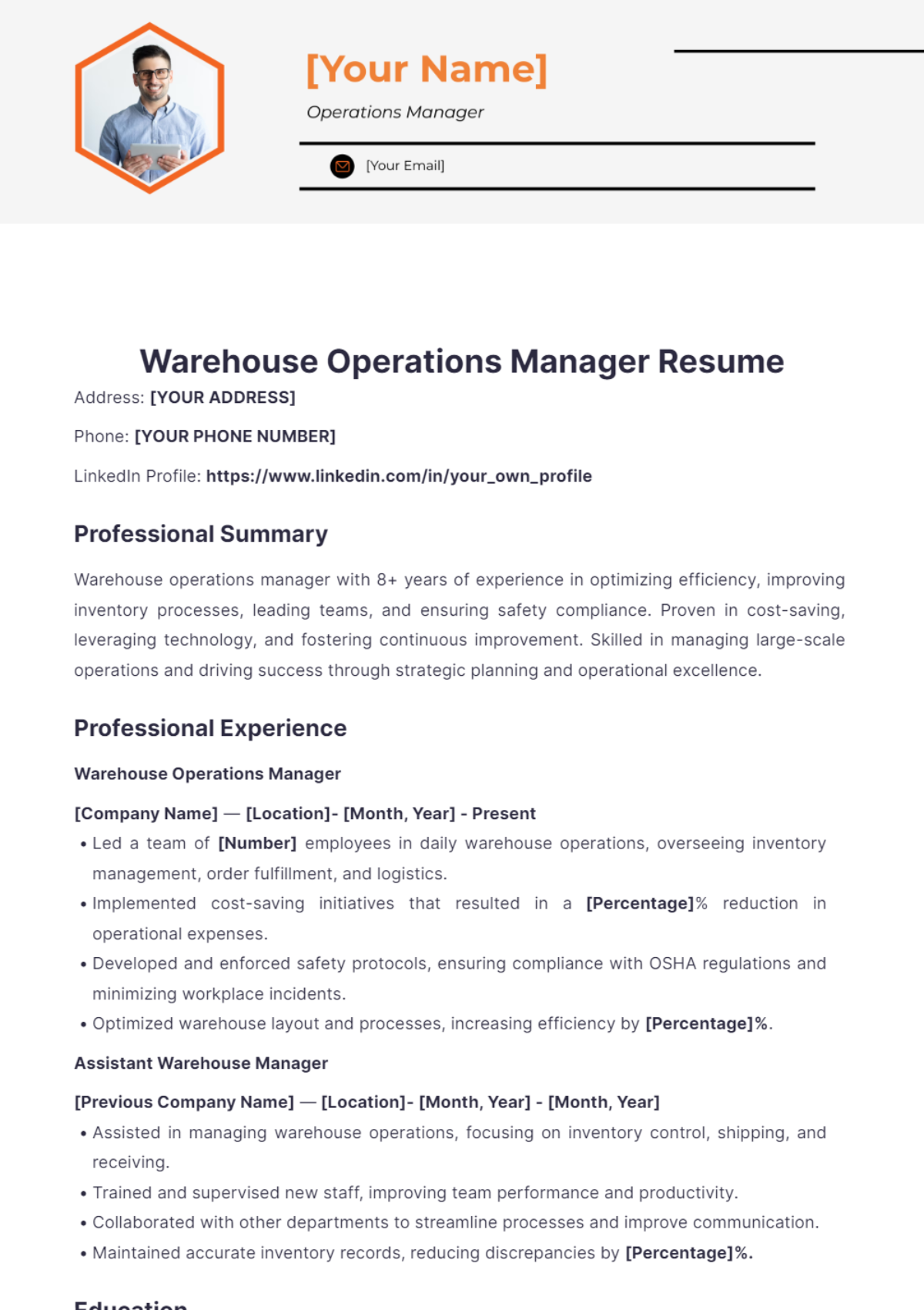 Warehouse Operations Manager Resume - Edit Online & Download Example ...