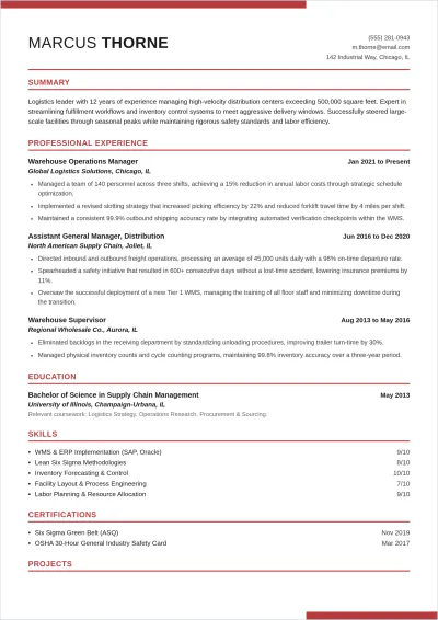 Free Warehouse Operations Manager ATS Resume Template