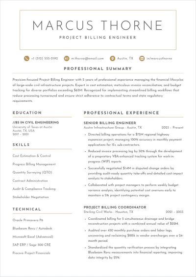 Free Project Billing Engineer ATS Resume Template, AI Resume Builder
