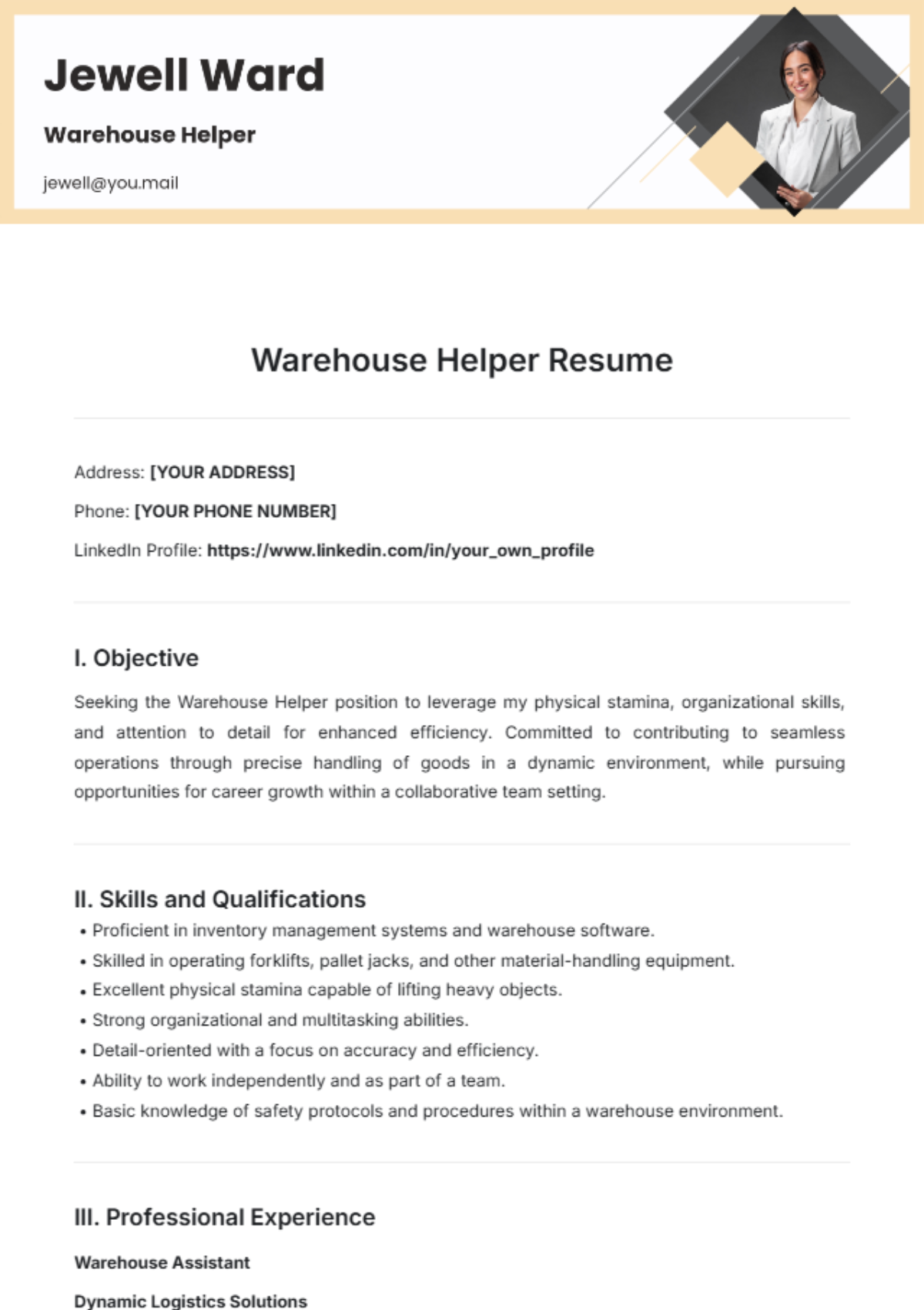 Free Warehouse Helper Resume Template