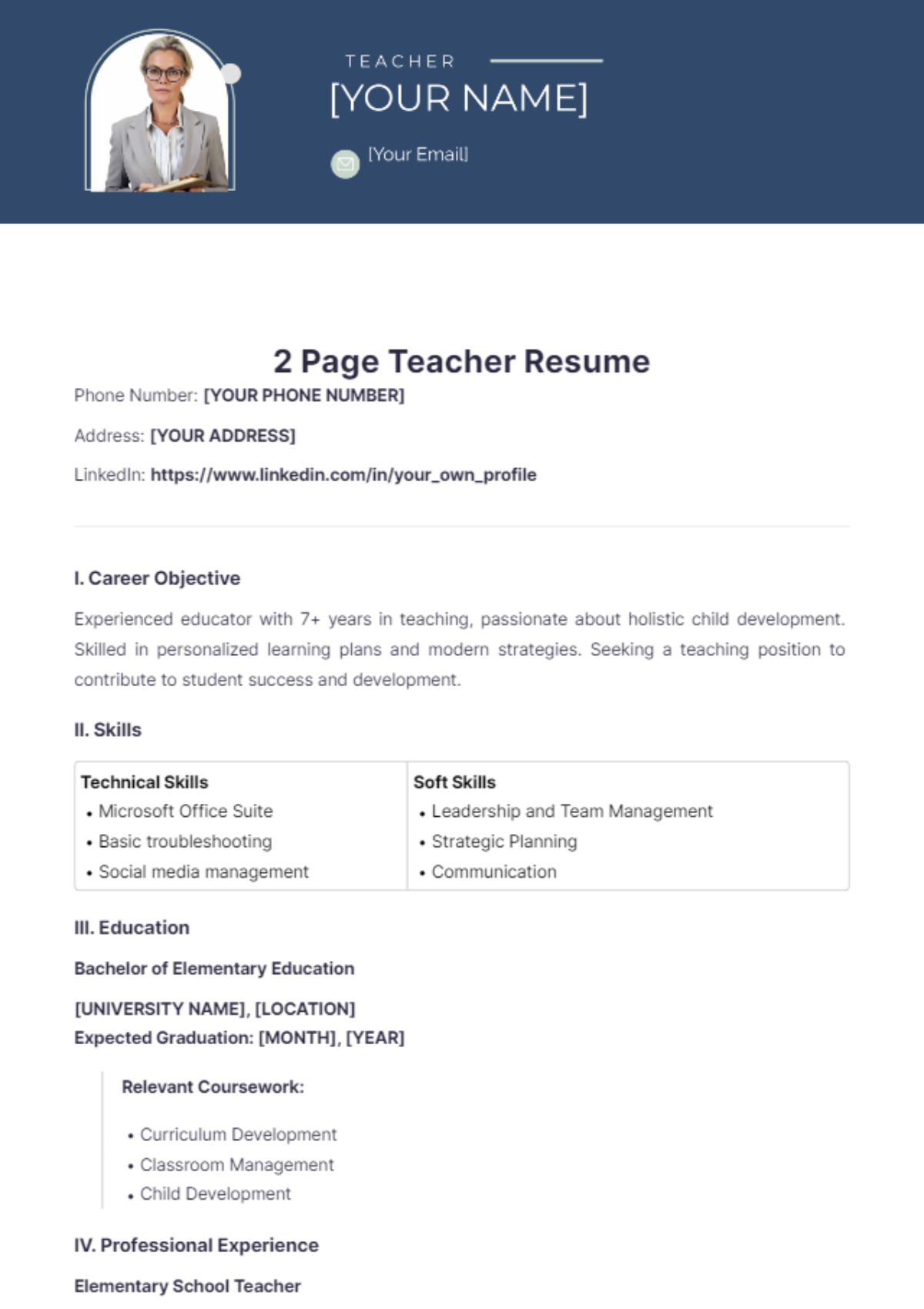 2 Page Teacher Resume - Edit Online & Download