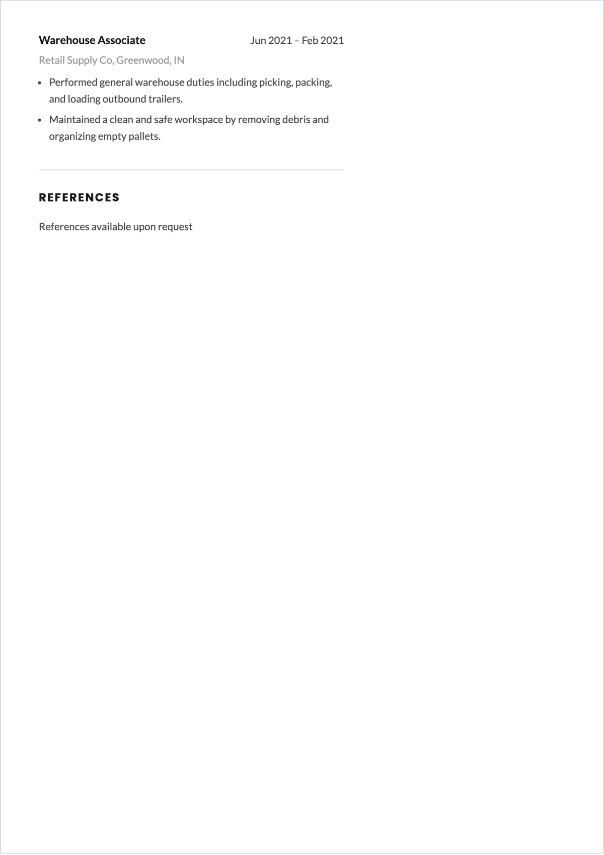 Free Warehouse Order Selector ATS Resume Template, AI Resume Builder