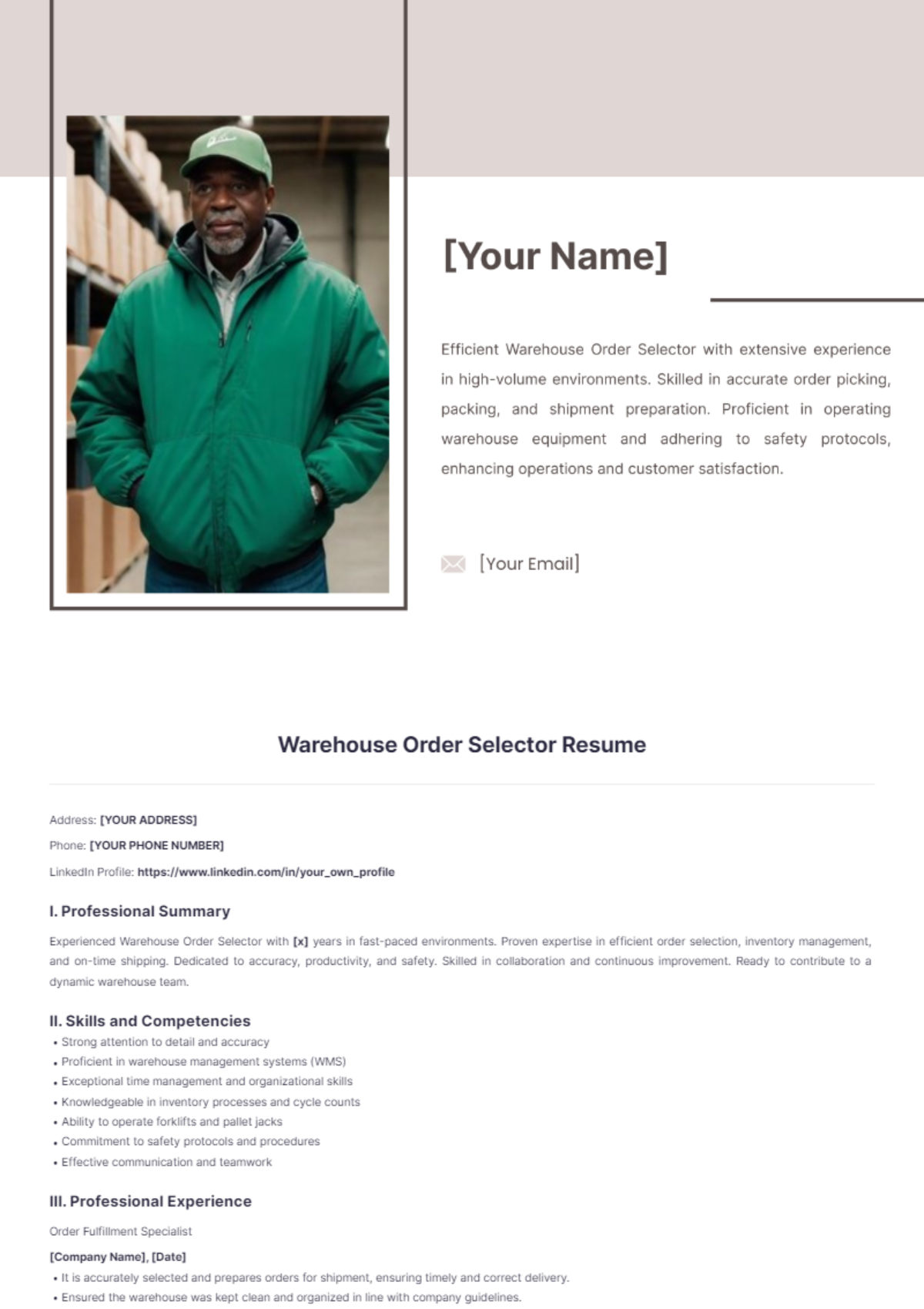 Free Warehouse Order Selector Resume Template