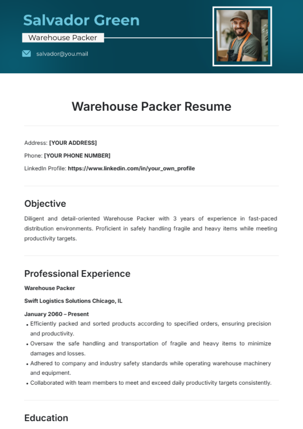 Warehouse Packer Resume Template - Edit Online & Download