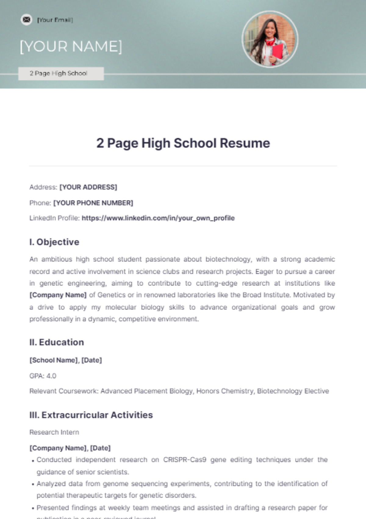 2 Page High School Resume - Edit Online & Download