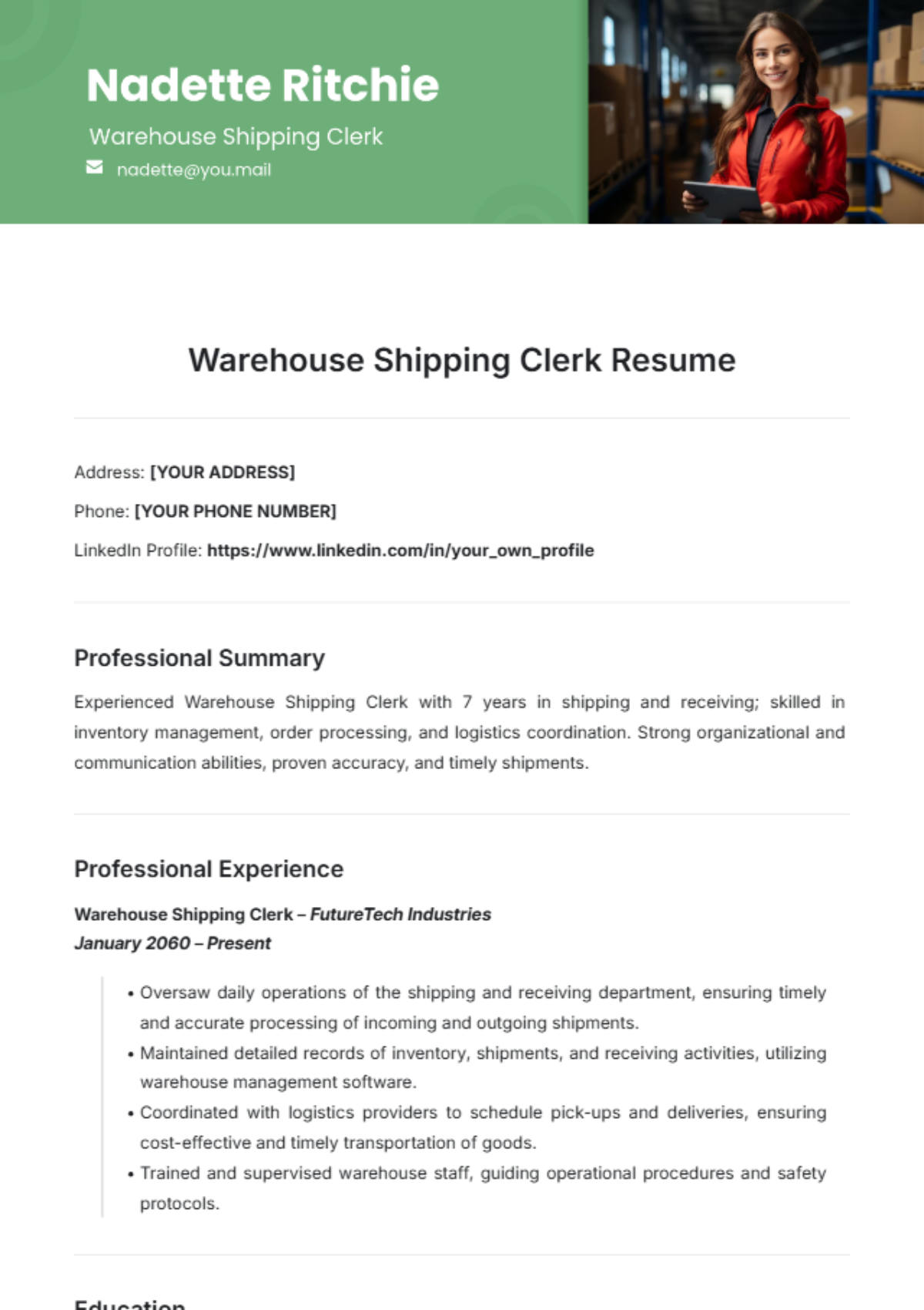 Free Warehouse Shipping Clerk Resume Template