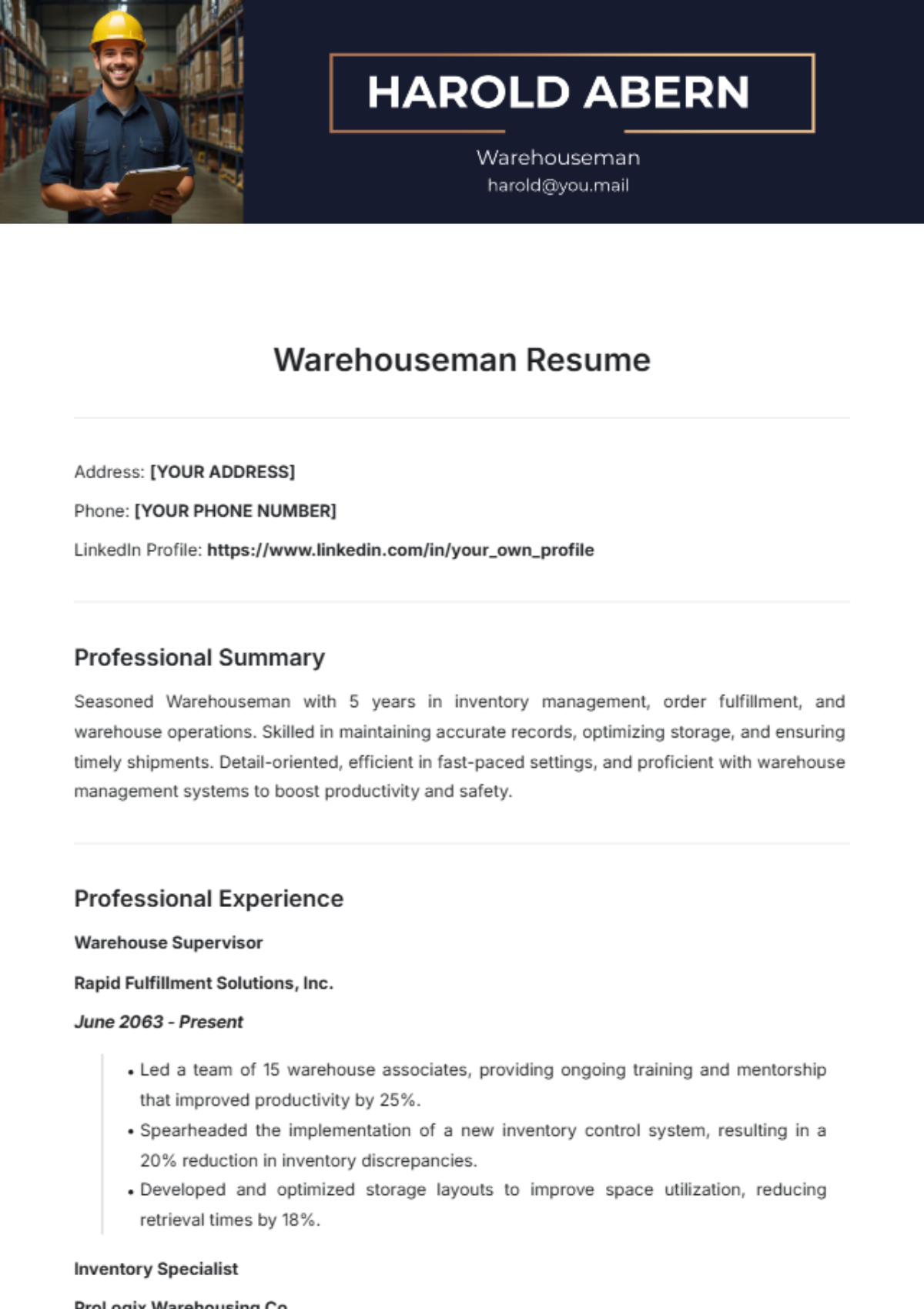 Free Warehouseman Resume Template